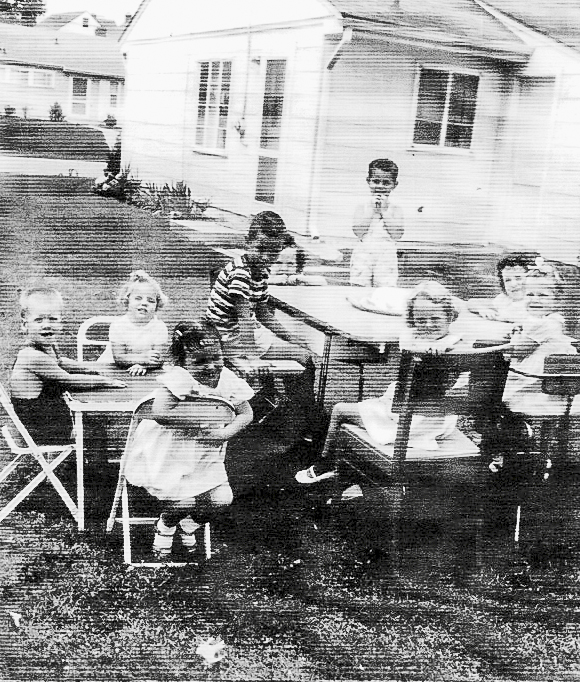 Who would have guessed an early marriage between Gary Colbert (center, striped shirt) and Gloria Voorhees (sitting to Garys right w/ the white Mary Janes)?  Do we see Garys hand on Barbara Cosgroves leg (sitting to Garys left)?  Will the marriage last?